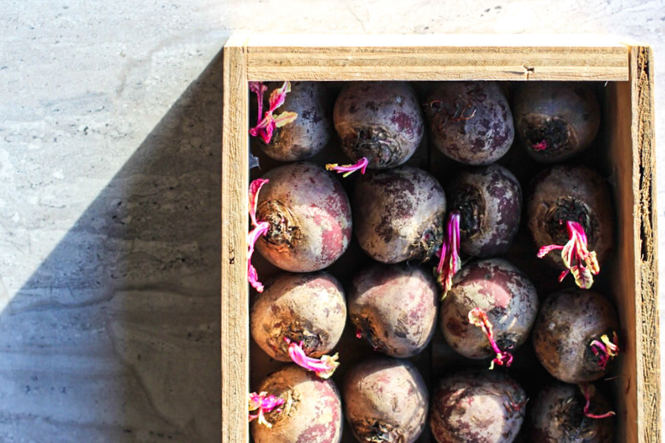 Red beets in a wooden box