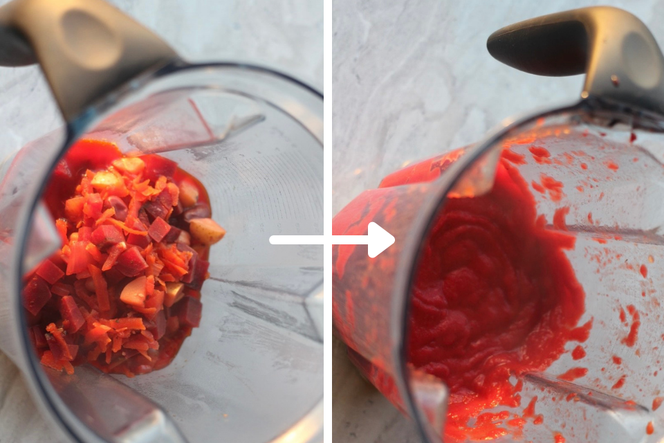 Split photo showing before and after. On the left is a vitamin with Borscht. On the right is the after photo with borscht blended.