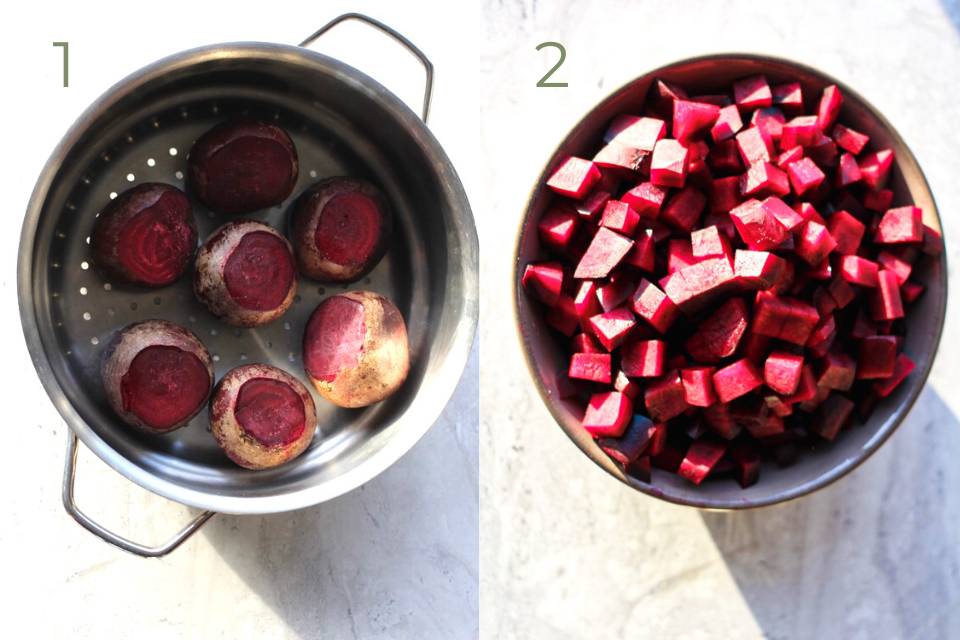 Two split photos. On the right are whole beets in a steamer. On the right is chopped beets.