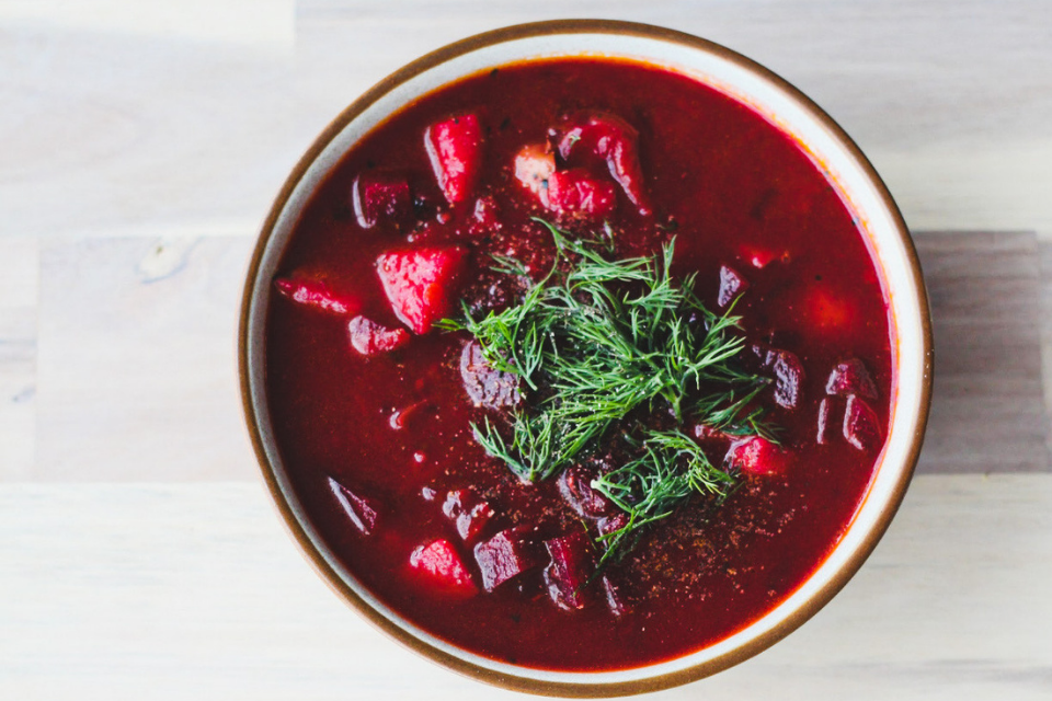 Vegan borscht soup in white bowl