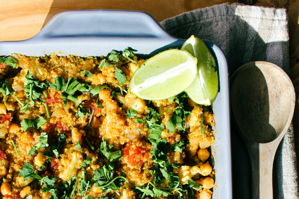 Vegan curried quinoa dish with lime and cilantro