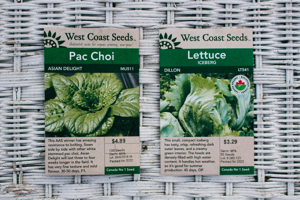 Packets of pac choi and lettuce seeds from West Coast Seeds