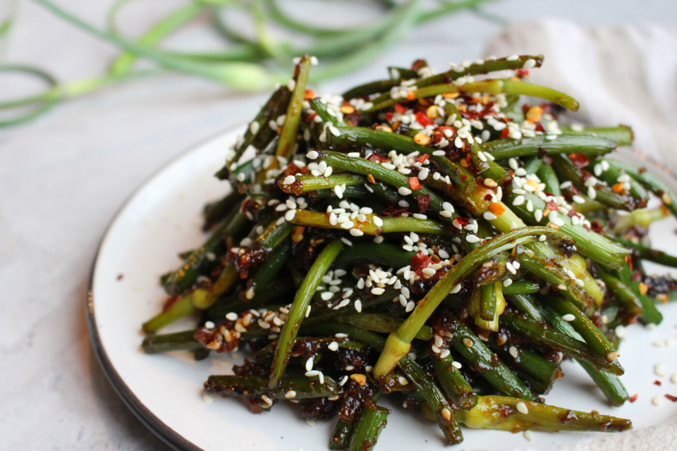 Easy miso glazed garlic scapes recipe